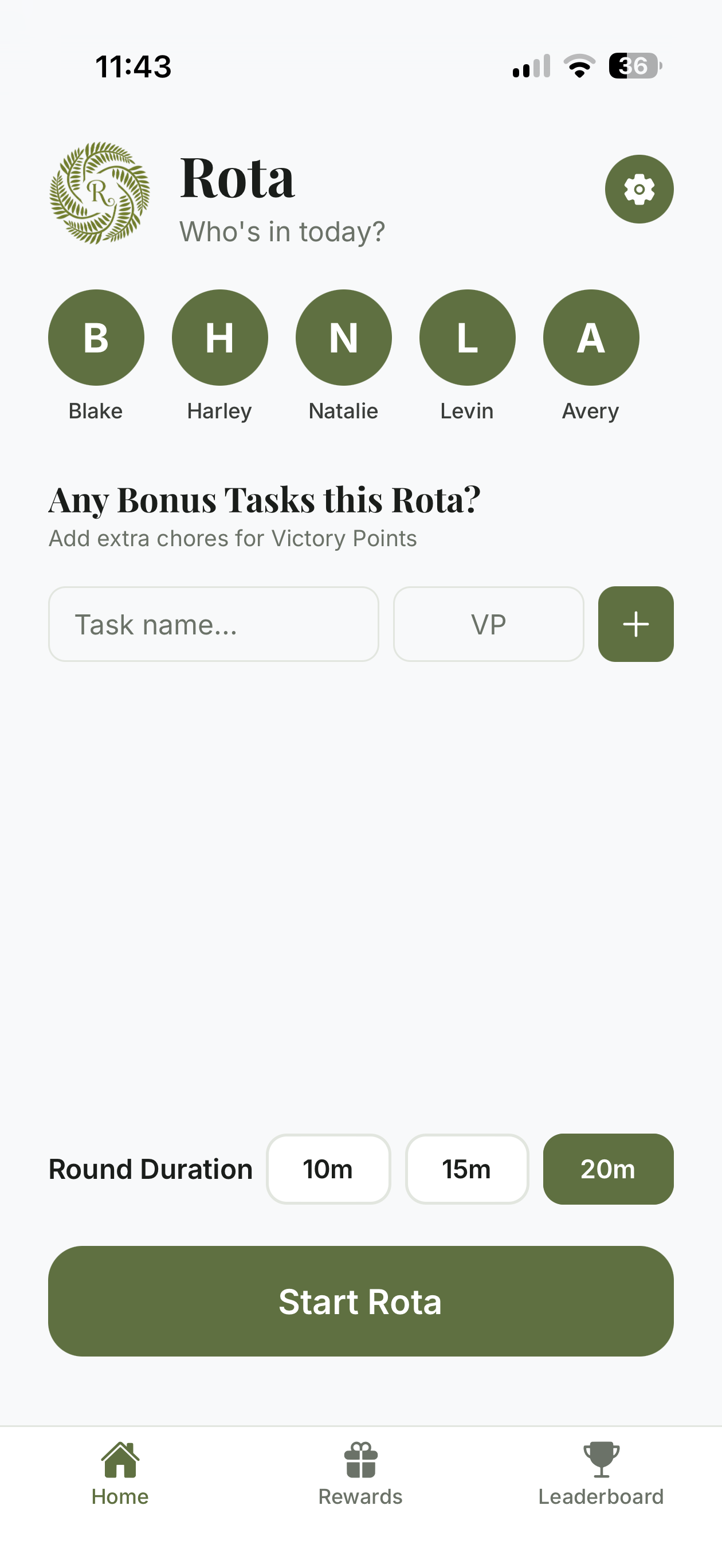 Rota family setup screen